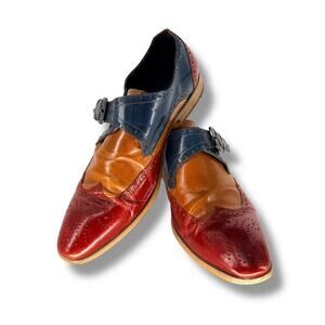 Moretti Black Label Monk Strap Wingtip 9.5 Tri-Color Leather Brogue Dress Shoes
